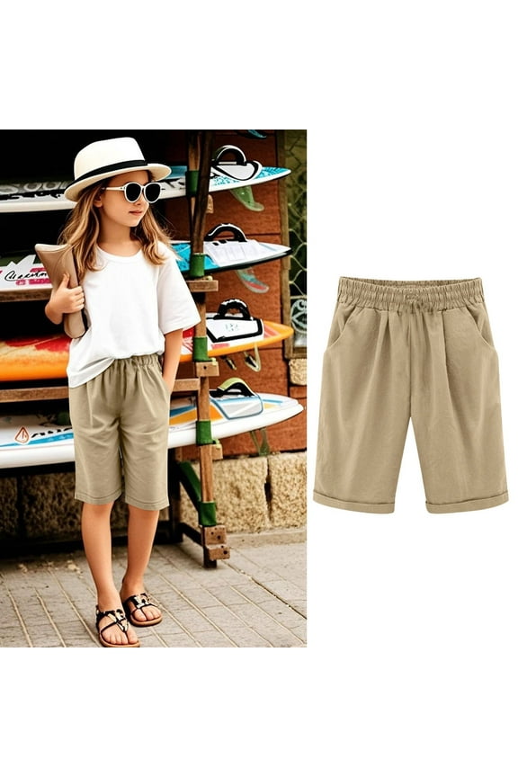 Pants for Girls 7-8 Size Children'sCasual Thin Outerwear Elastic Waistband Loose Five Inch Pants (3 13Y) 160