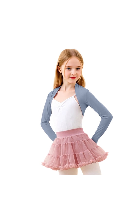 Soft Stretch Cropped For Girls 2-16Y, Long Sleeve Open Front Ballet Dance Warm Up Jacket Lightweight Gymnastics Training Layering Outfit Light Blue 8-9 Years