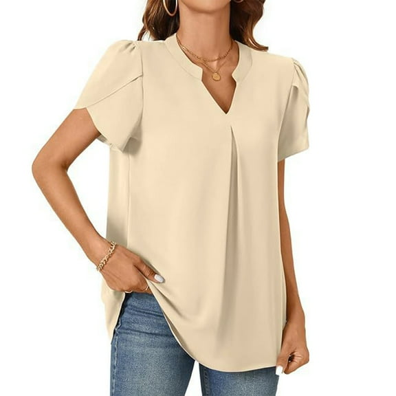 SNKSDGM Spring Tops for Women 2025 Trendy Work Women's Summer Casual T Shirts Dressy Chiffon Blouses Petal Short Sleeve V Neck Tunic Tops for Leggings Short Sleeve Shirts for Women Cotton