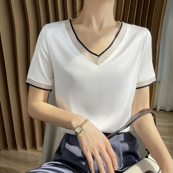 SNKSDGM Summer Tops with Sleeves for Women 2025 Vacation 2025 Summer New Silk Satin Short Sleeve T Shirt Women's Mesh Solid Color Vest Temperament V Neck Top off The Shoulder Tops for Women Loose Fit