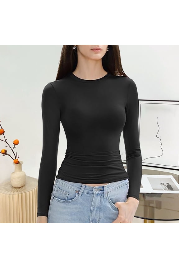 Summer Tops for Women Plus Women’S Slim Tops Long Sleeve Round Neck Crop Top Tee Shirt Basic Solid Tight Slim fit Cropped Shirt Workout Yoga off The Shoulder Tops for Women Long Sleeve
