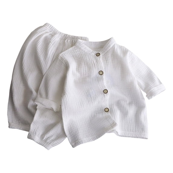 SNKSDGM Toddler 2 Piece Muslin Cotton Outfit, Mandarin Collar Button Short Sleeve Shirt & Loose Shorts, Unisex Baby Summer Loungewear Set White 4-5 Years