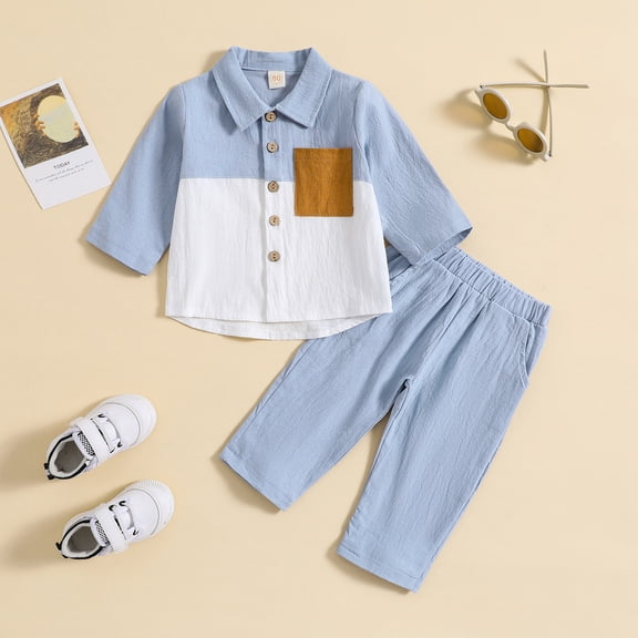 SNKSDGM Toddler Sweatshirts Boys 4Th of July Toddler Baby Boy Girl Clothes Cotton Linen Color Block Long Sleeve Button Down Shirt Solid Pants Set 2Pcs Casual Outfits 12-18 Months