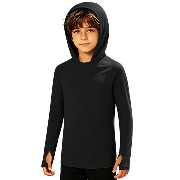 SNKSDGM UPF50+ Kids Hooded Sun Protection Shirt, Raglan Long Sleeve Rash Guard Tee for Beach Hiking 5-13Y Boys Girls Black 7-8 Years