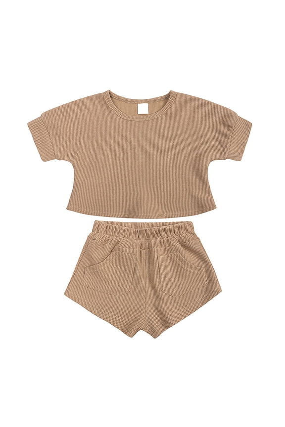 Unisex Toddler 2 Piece Summer Outfit, Knit Crew Neck Short Sleeve Tee Elastic Waist Pocket Shorts, Neutral Kids Loungewear Set Coffee 9-12 Months