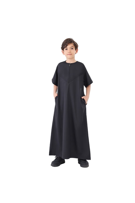 White Button up Shirt Boys Short Sleeve Arabic Thobe Thobe Long Sleeve Kaftan Crew Robe National Teenage Boys Long Sleeve Embroidered Robe Set Arab Children's Wear Robe 11-12 Years