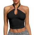 thumbnail image 1 of SNKSDGM Women Metal Buckle Crop Tank Top, Cutout Front Ruched Side Hot Girl Style Sling for Inner & Outer Wear Black S, 1 of 5