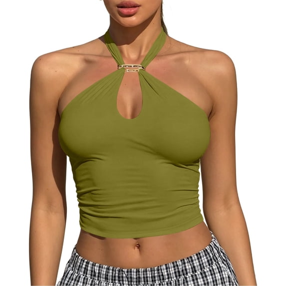 SNKSDGM Women Metal Buckle Crop Tank Top, Cutout Front Ruched Side Hot Girl Style Sling for Inner & Outer Wear Green S