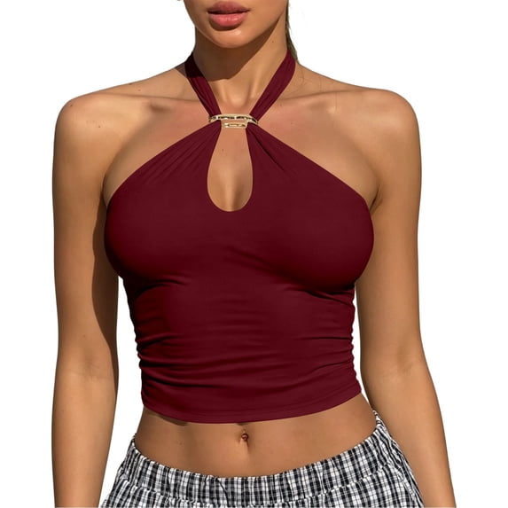 SNKSDGM Women Metal Buckle Crop Tank Top, Cutout Front Ruched Side Hot Girl Style Sling for Inner & Outer Wear Red S