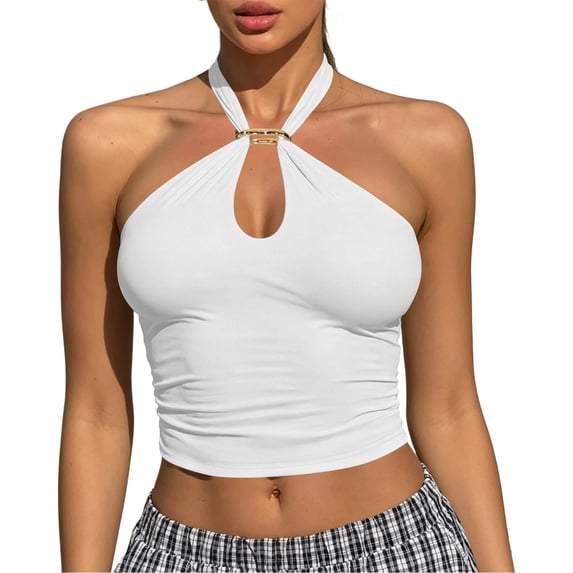 SNKSDGM Women Metal Buckle Crop Tank Top, Cutout Front Ruched Side Hot Girl Style Sling for Inner & Outer Wear White S