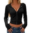 thumbnail image 1 of SNKSDGM Women Ribbed Knit Cropped Zip Up Hoodie, Solid Drawstring Hooded Sweatshirt, Slim Fit Long Sleeve Y2K Sweat Jacket with Side Pockets Black S, 1 of 6