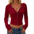 thumbnail image 1 of SNKSDGM Women Ribbed Knit Cropped Zip Up Hoodie, Solid Drawstring Hooded Sweatshirt, Slim Fit Long Sleeve Y2K Sweat Jacket with Side Pockets Red L, 1 of 6