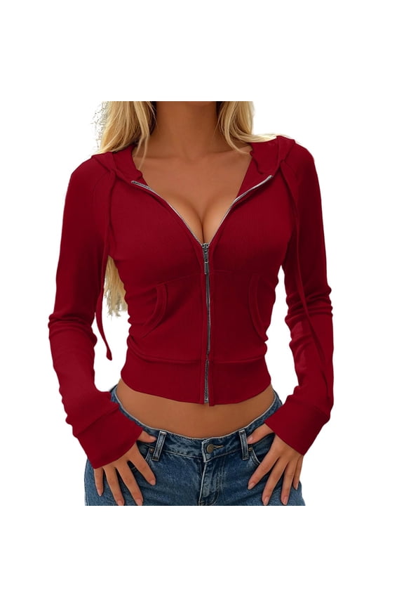 Women Ribbed Knit Cropped Zip Up Hoodie, Solid Drawstring Hooded Sweatshirt, Slim Fit Long Sleeve Y2K Sweat Jacket with Side Pockets Red M