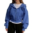 thumbnail image 1 of SNKSDGM Women Solid Cropped Full Zip Up Hoodie Jacket, Oversized Long Sleeve Drawstring Sweatshirt With Patch Pockets Casual Street Outer Tops Blue M, 1 of 5