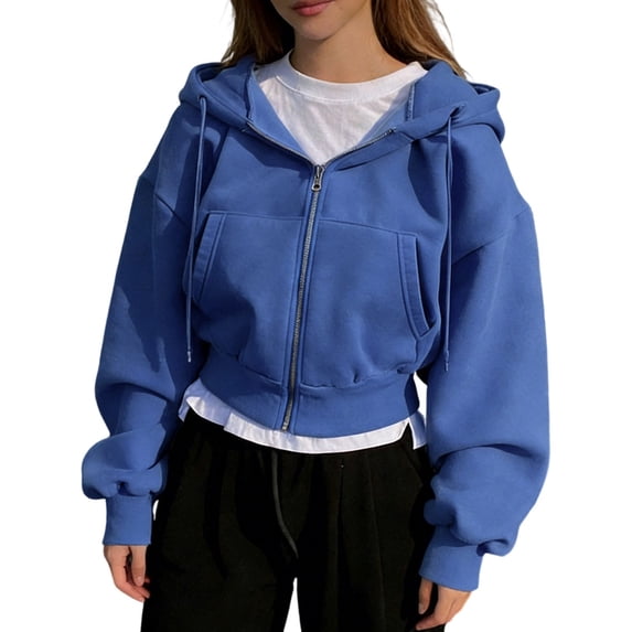 SNKSDGM Women Solid Cropped Full Zip Up Hoodie Jacket, Oversized Long Sleeve Drawstring Sweatshirt With Patch Pockets Casual Street Outer Tops Blue M