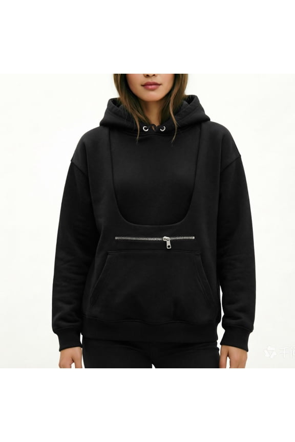 Women Solid Pullover Hoodie with Zipper Pet Pocket, Long Sleeve Cat Dog Holding Sweatshirt, Loose Casual Pet Lover Outerwear Top Black XL