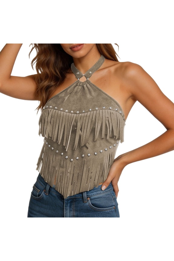 Women Suede Fringe Crop Top, Western Studded Boho Sleeveless Cowboy Camisole Khaki S