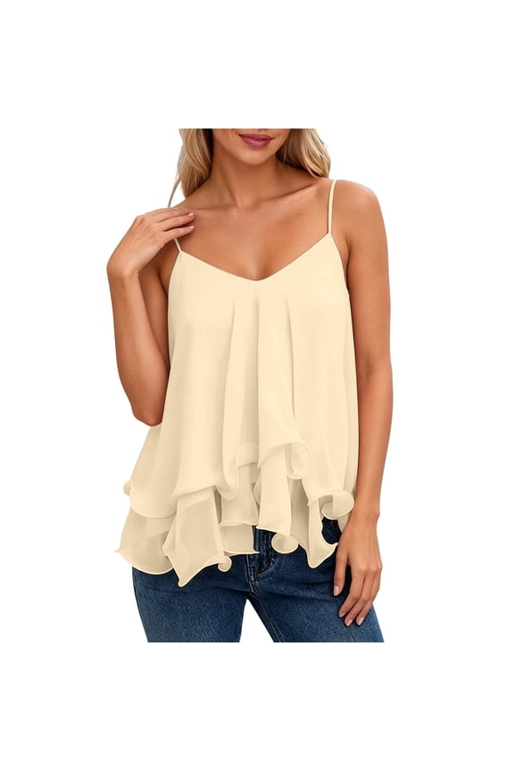 Women's Chiffon Cami Tank Tops, V-Neck Ruffle Spaghetti Strap Blouses, Casual Loose Flowy Tops Beige XL