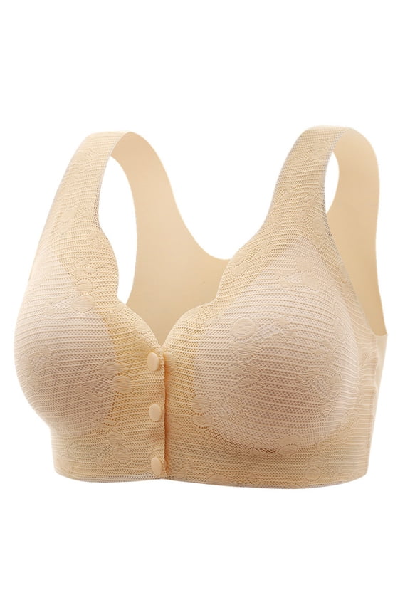 Women's Ice Silk Front Closure Bra, Seamless Fixed Cup Bralette, Back Comfort Bras for Seniors & Plus Size Beige M