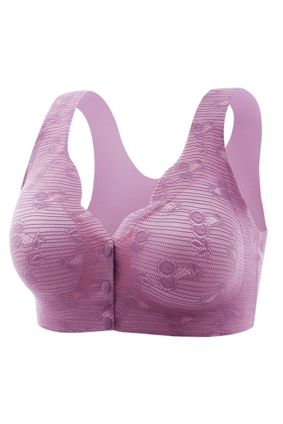 Women's Ice Silk Front Closure Bra, Seamless Fixed Cup Bralette, Back Comfort Bras for Seniors & Plus Size Purple M