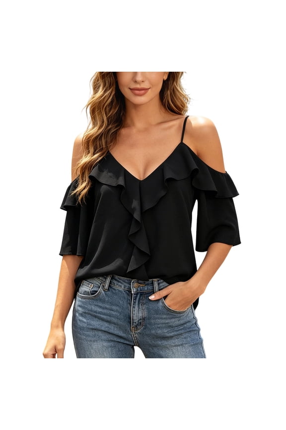 Women's Off Shoulder Ruffle Blouse, Spaghetti Strap V Neck Flounce Short Sleeve Cold Shoulder Casual Top Black M