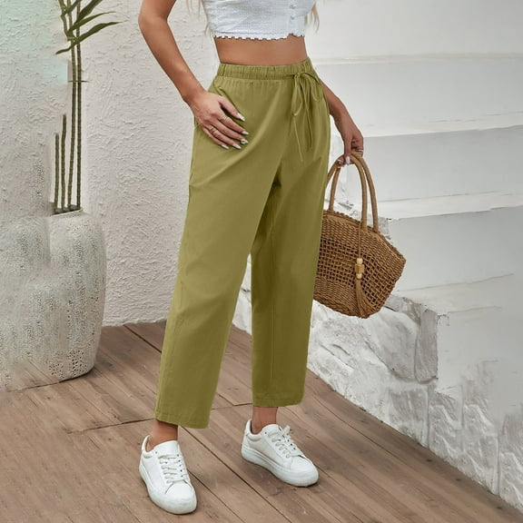 SNKSDGM Women's Plus Beach Pants for Women Dress Pants Women Petite Short Spring 2025 Drawstring Elastic Casual Cropped Pants for Women's Clothing New Solid Color