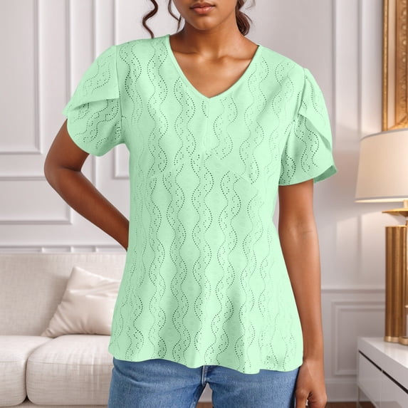 SNKSDGM Women's Plus Beach Vacation Clothes for Women Petite Plus Womens Short Sleeve Tops Casual Loose Fit Women's Spring Summer Solid Color V Neck Short Sleeve Casual T Shirt Top Xxl