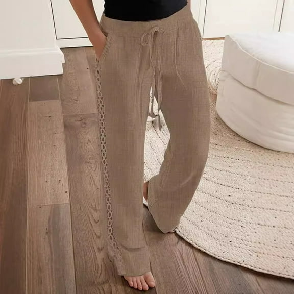 SNKSDGM Women's Plus Black Dress Pants Women High Waisted Slim Fit Wide Leg Joggers Women Women's 2025 Solid Color Elastic Waist Loose Side Lace Hollow Decoration All Nine Point Casual Pants