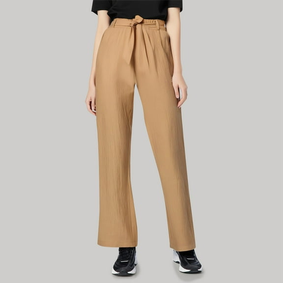 SNKSDGM Women's Plus Black Dress Pants Women Petite Short Women's Pants Casual Petite Women Casual Breathable Elastic Waist Solid Color and Linen Belt Wide Leg Pants Loose Trousers