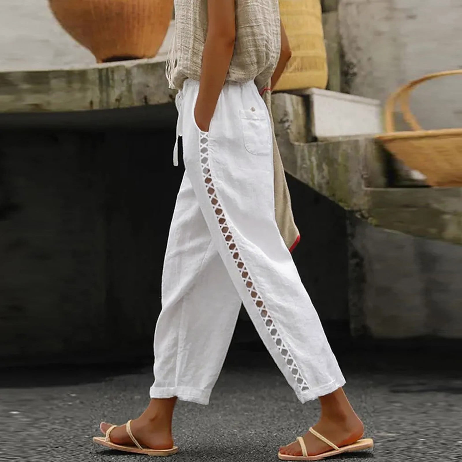 SNKSDGM Women's Plus Capri Pants for Women Jeans White Cargo Pants ...