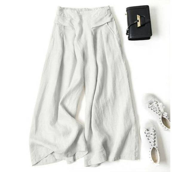 SNKSDGM Women's Plus Capri Pants for Women Petite Dressy Women's Pants Suits for Work Women's Solid Summer and Linen High Waist Thin Casual Loose Wide Leg Pants