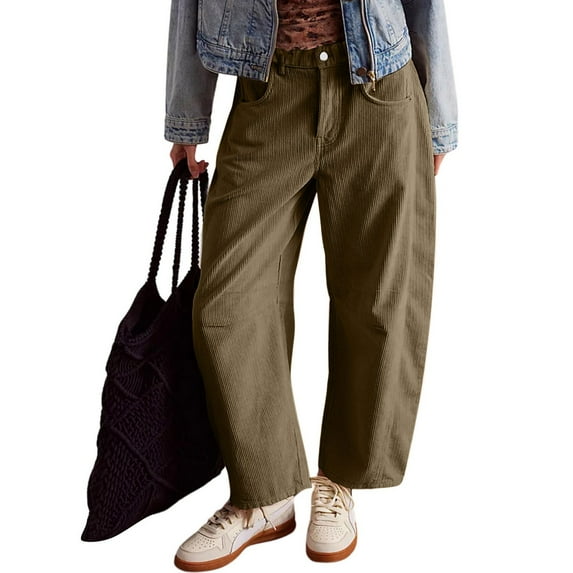 SNKSDGM Women's Plus Capri Pants for Women Plus Size Denim Wide Leg Pants Women Casual Women's Corduroy Pants Barrel Mid Rise Elastic Waist Cord Pants Casual Wide Leg Baggy Trouser with Pockets