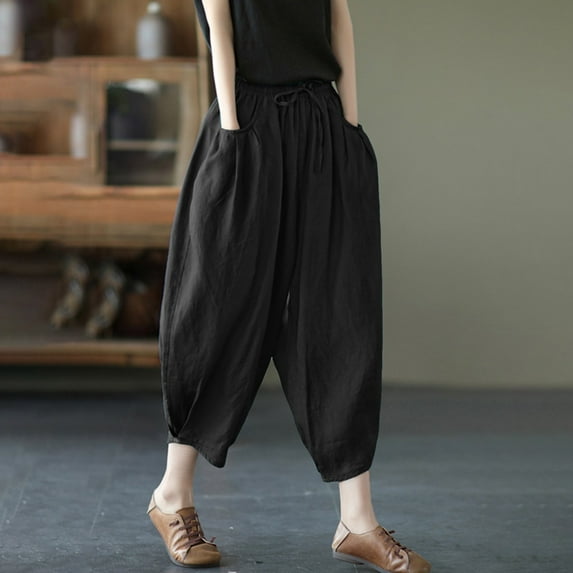 SNKSDGM Women's Plus Capri Pants for Women Leggings Womens Capri Pants Dressy Casual Pants Waist Elastic Band Balloon Linen Loose Casual Women Summer