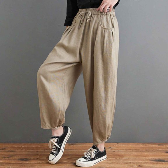 SNKSDGM Women's Plus Capri Pants for Women Petite Jeans Pants for Women Trendy Summer Women Solid Retro Lace up Elastic Waist Loose Carrot Pants