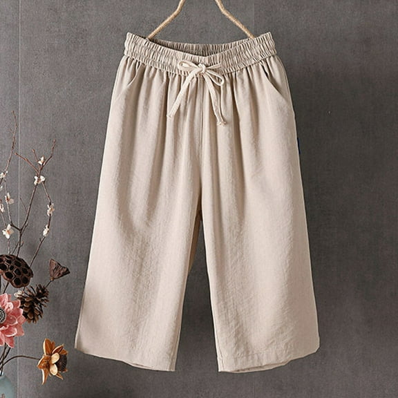 SNKSDGM Women's Plus Cargo Pants Women Petite Cotton Cargo Pants Women Jeans Baggy Women's Summer Solid Color Drawstring Pocket Versatile Elastic Waist Design Casual Cropped Pants