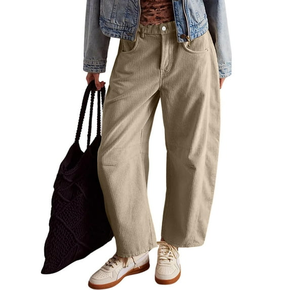 SNKSDGM Women's Plus Cargo Pants Women Petite Short High Waisted Wide Leg Pants Women Casual Women's Corduroy Pants Barrel Mid Rise Elastic Waist Cord Pants Casual Wide Leg Baggy Trouser with Pockets