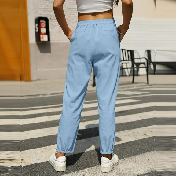SNKSDGM Women's Plus Cargo Pants Women Stretchy Black Dress Pants Women High Waisted Slim Fit Women's Solid Linen Casual Pants with Drawstring Elastic Waist Slim Fit Tapered Long Trousers