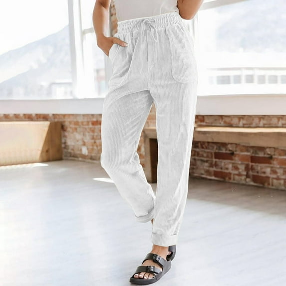 SNKSDGM Women's Plus Cargo Pants Women Stretchy High Waisted Linen Pants for Women Petite Short Corduroy Pants for Women Casual Drawstring Elastic High Waist Straight Leg Pants Loose Comfy Trousers
