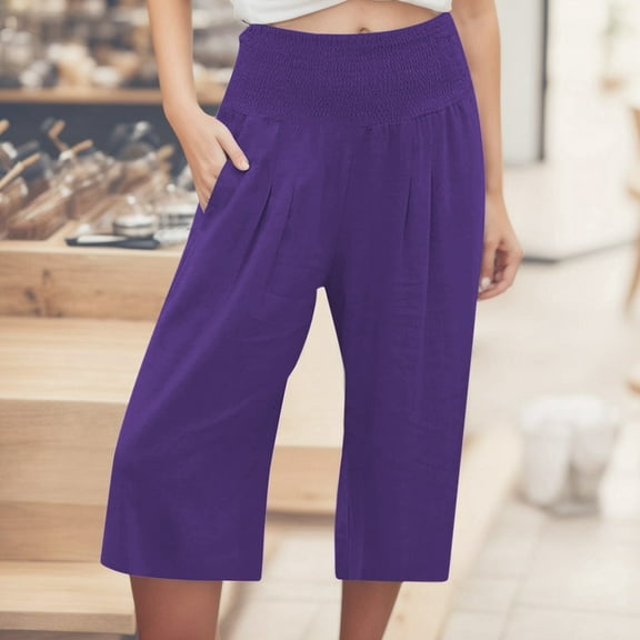 SNKSDGM Women's Plus Cargo Pants Women Stretchy High Waisted Linen Pants for Women Petite Short Women's Imitation and Linen Solid Color Elastic Waist Casual Pants Sports Capri Pants