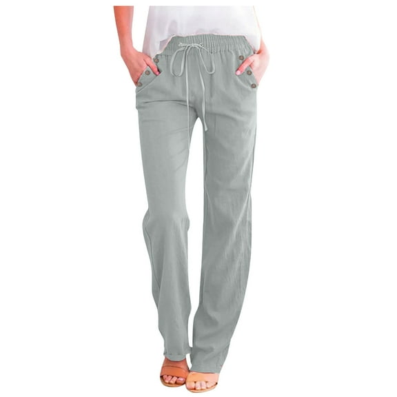 SNKSDGM Women's Plus Cargo Pants Women Stretchy Jeans Linen Pants Women Plus Size Blue Women High Waisted Wide Leg Pants Casual Drawstring Elastic Trousers Comfy Straight Leg Long Pants with Pockets