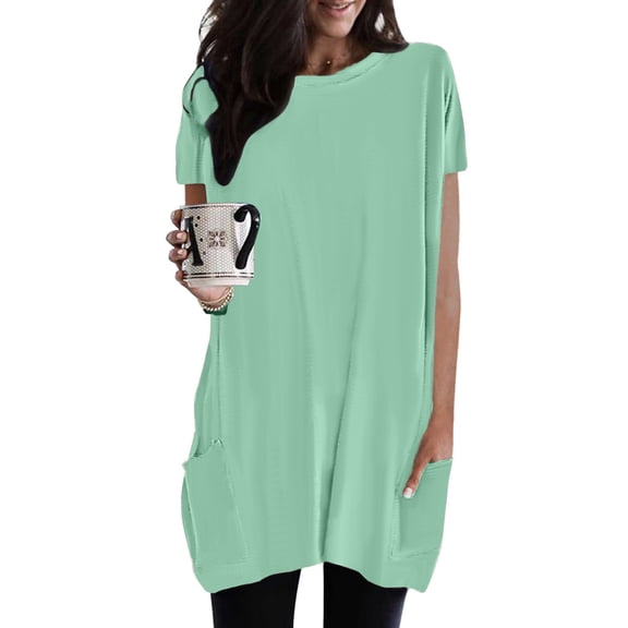SNKSDGM Women's Plus Casual Easter Shirt Graphic Tees for Women Vintage 70S Women Casual Fashion Solid Color Round Neck Short Sleeve Pocket Long Top Plus Size Tops for Women Long Sleeve Casual Tunics