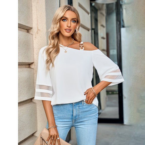 SNKSDGM Women's Plus Casual Easter Shirt Plus Size Tops for Women 5Xl Ladies' Spring/Summer Casual Solid Color Metal Buckle Shoulder Top Plus Size Tops for Women Long Sleeve 4X