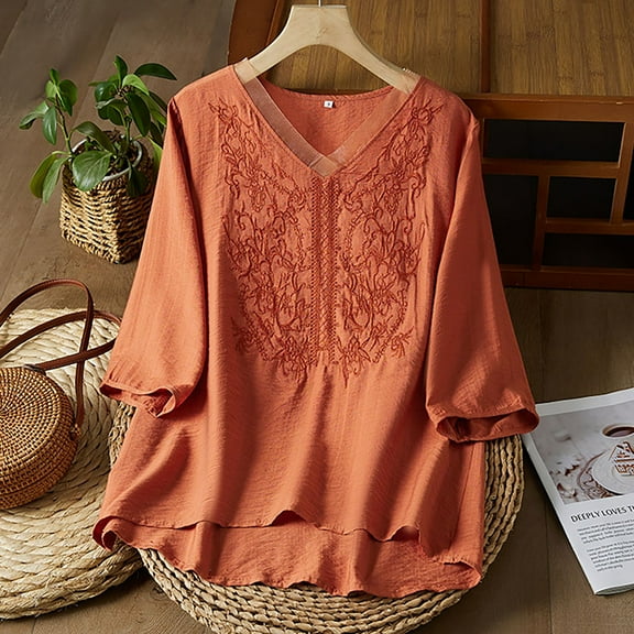 SNKSDGM Women's Plus Casual Easter Shirt Shirts for Women Long Sleeve Dressy Women's Summer Chinese Embroidery Cardigan Top Retro Art Heavy Industry T Shirt Women's Tops Short Sleeve Casual