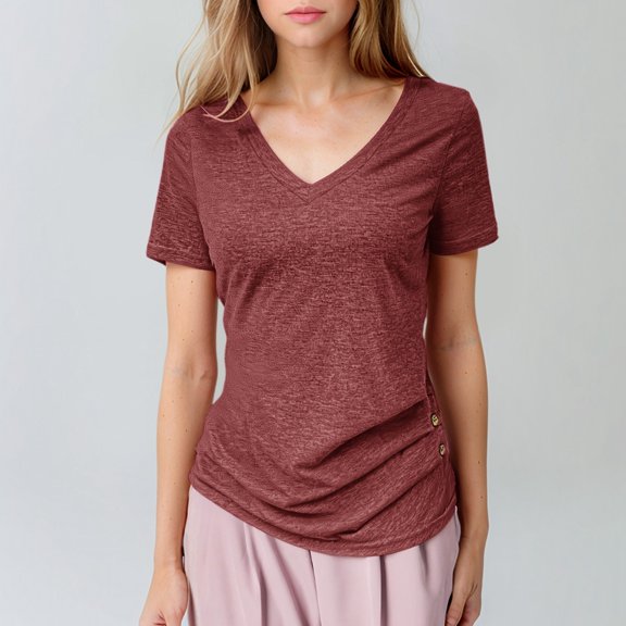 SNKSDGM Women's Plus Casual Easter Shirt Shirts for Women Trendy Long Sleeve Women's High End Slim fit Solid Color Casual V Neck Short Sleeved Buttoned Pullover Top Casual Tops for Women Summer