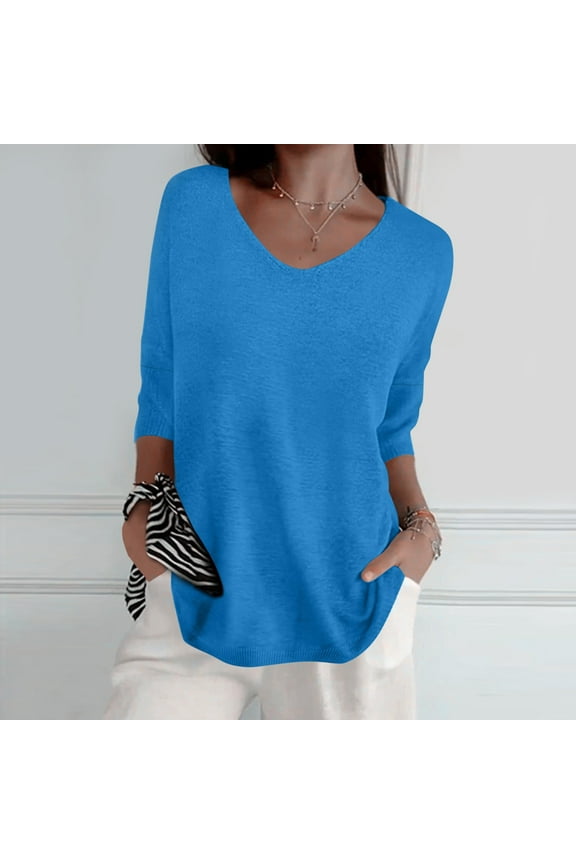 Women's Plus Casual Easter Shirt Shirts for Women Women Spring Casual 3/4 Sleeve Solid Color V Neck Loose Pullover Knit Fall Sweaters Tops Women's Tops Plus Size 4X