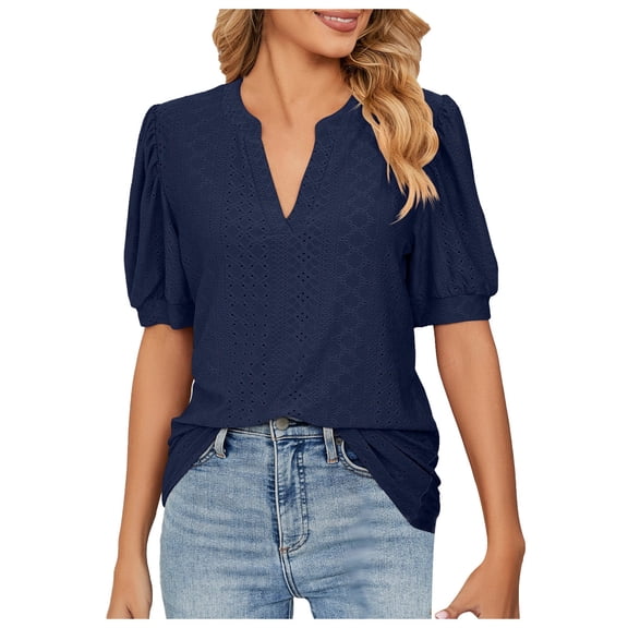 SNKSDGM Women's Plus Casual Easter Shirt Tops for Women Dressy Casual Women's Summer Casual V Neck Solid Color Hollow Puffy Sleeve Loose T Shirt Top Spring Tops for Women
