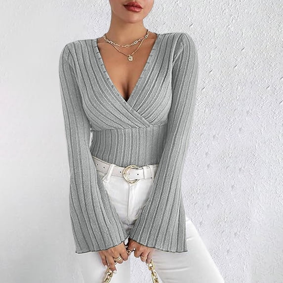 SNKSDGM Women's Plus Casual Easter Shirt Tops for Women Plus Size Women's Deep V Neck Long Sleeve Wrap Crop Tops Womens Tops Dressy Blouses