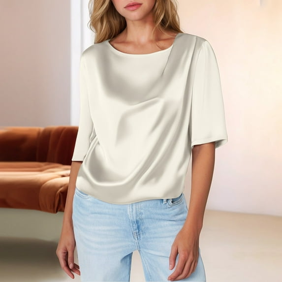 SNKSDGM Women's Plus Casual Easter Shirt Trendy Tops for Women 2025 Women's Satin Short Sleeved T Shirt Silk Half Sleeved Shirt with Inner Top Business Casual Tops for Women Fitted