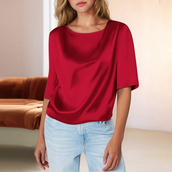 SNKSDGM Women's Plus Casual Easter Shirt Trendy Tops for Women 2025 Women's Satin Short Sleeved T Shirt Silk Half Sleeved Shirt with Inner Top Womens Tops Short Sleeve Casual