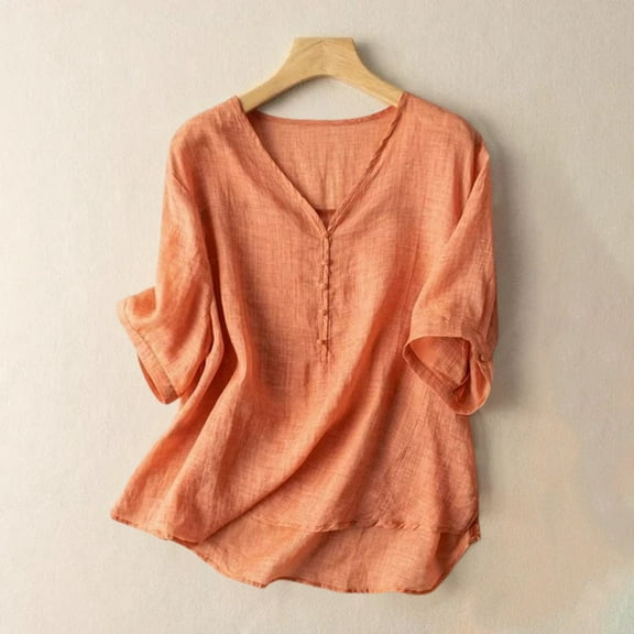 SNKSDGM Women's Plus Casual Easter Shirt Women's Tops 3/4 Sleeve Loose fit Summer Loose fit Pure Color V Neck Linen T Shirt Women's Casual Short Sleeve Top Graphic Tees for Women Plus Size 3Xl